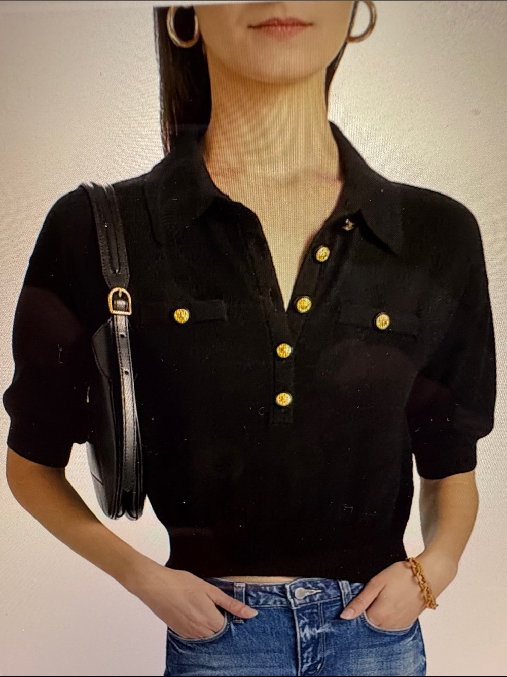 L'AGENCE Masaki Black Short-Sleeve Polo with Gold Buttons NWT